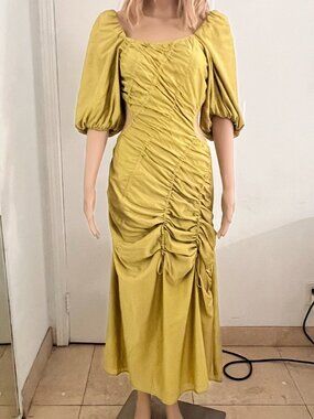Warehouse London Ruched Puff Sleeve Cutout Midi Dress Chartreuse Size 2